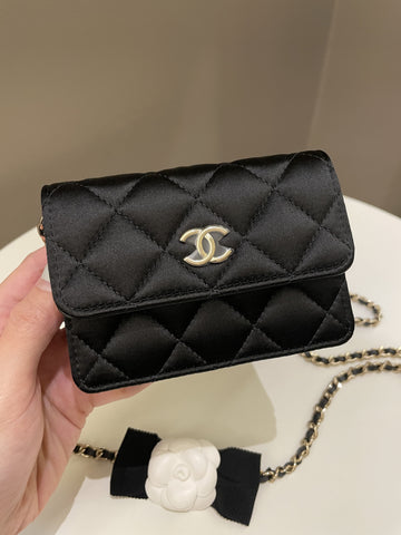 Chanel Camellia Bow VIP Clutch On Chain Black Satin