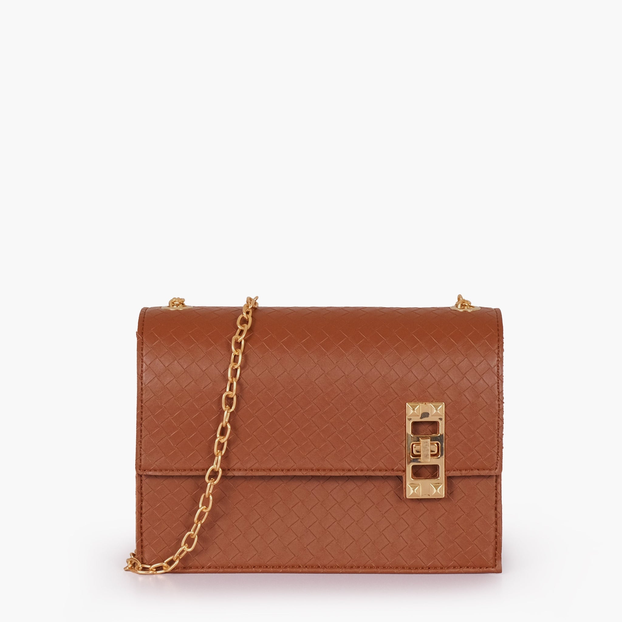 Brown weaved chain shoulder bag with twist lock
