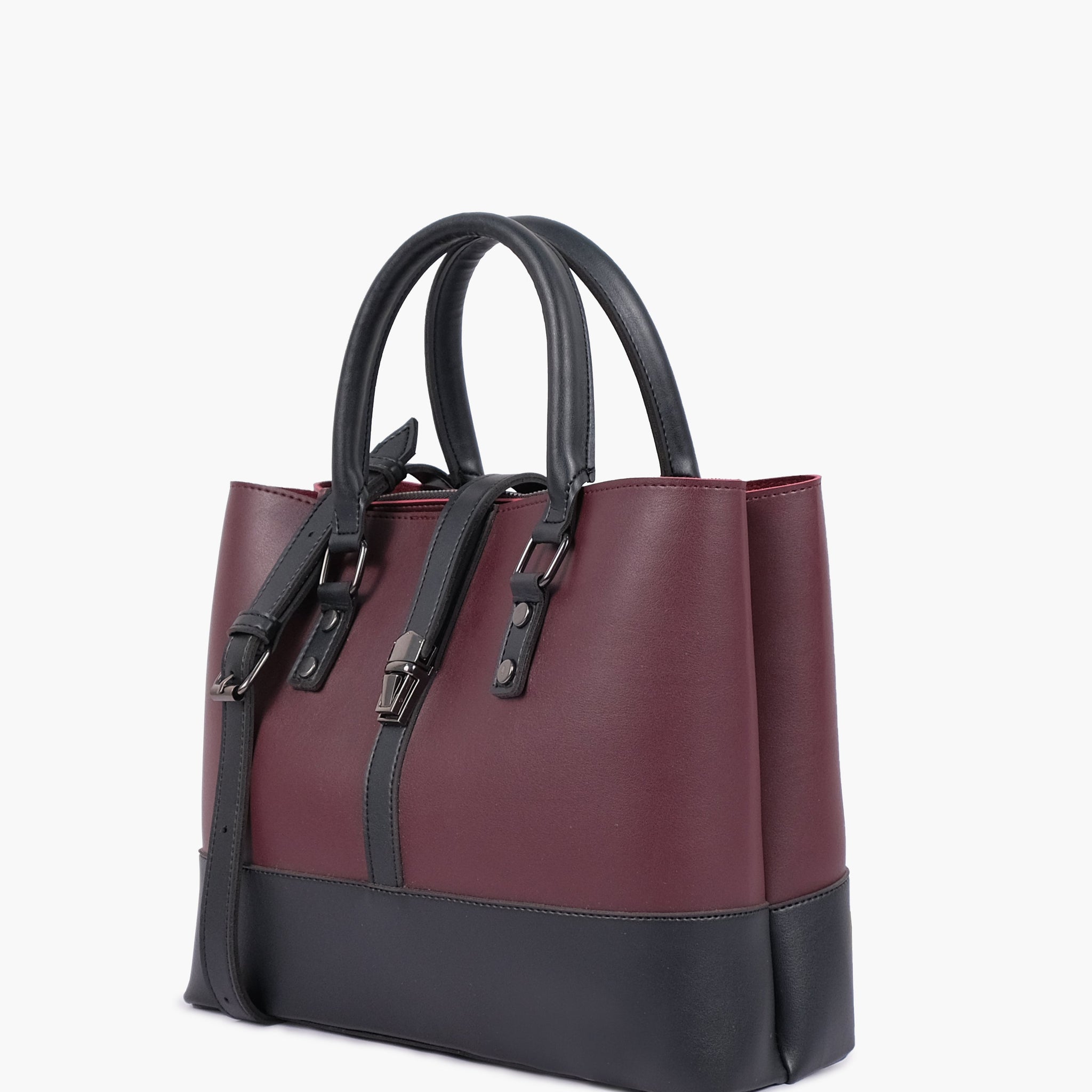 Burgundy and black multi-compartment shoulder bag